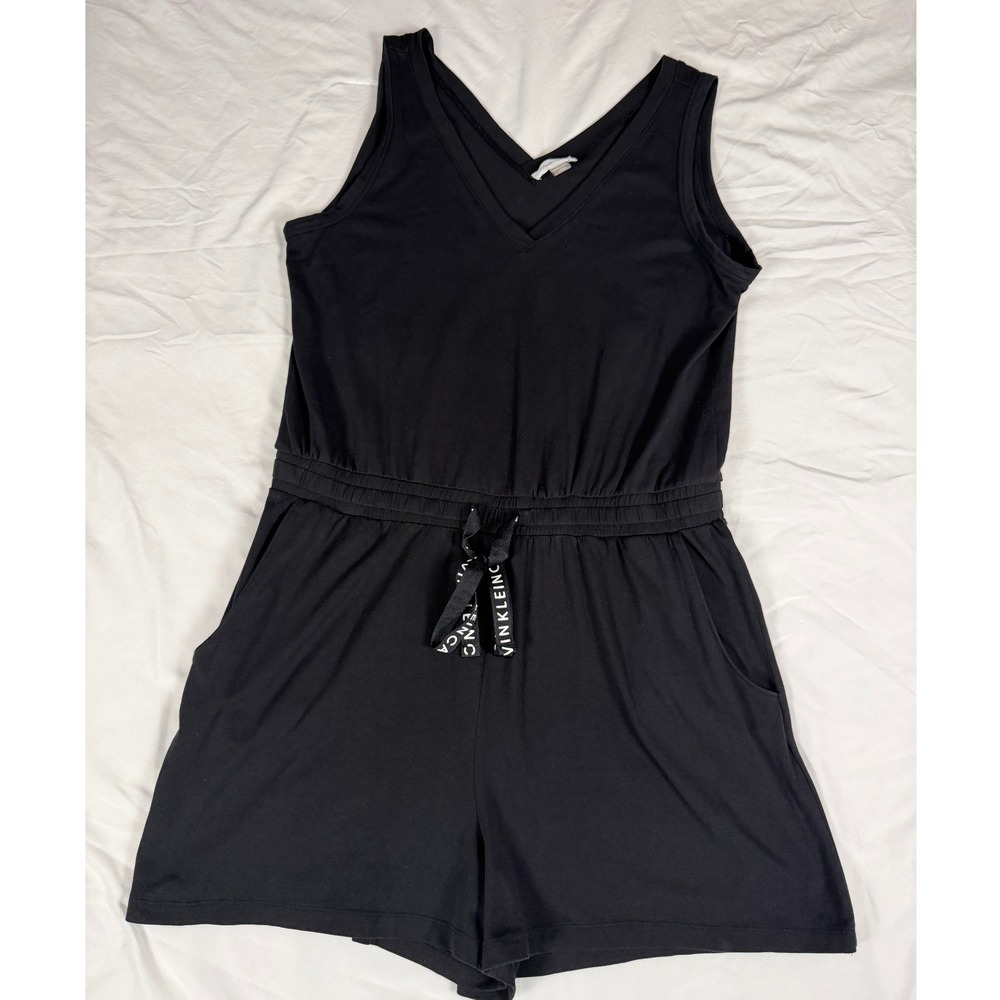 Calvin Klein Womens Black Sleeveless V-Neck Drawstring Waist Romper Size Large